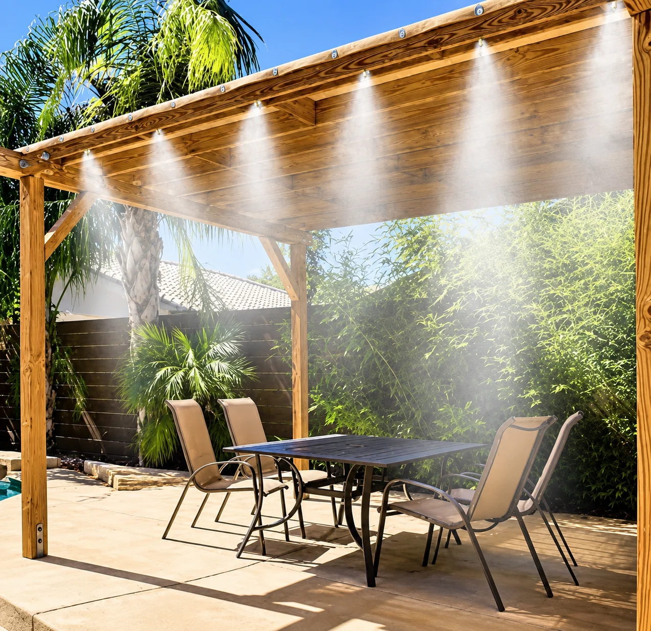 Pergola brumisateur au jardin tropical