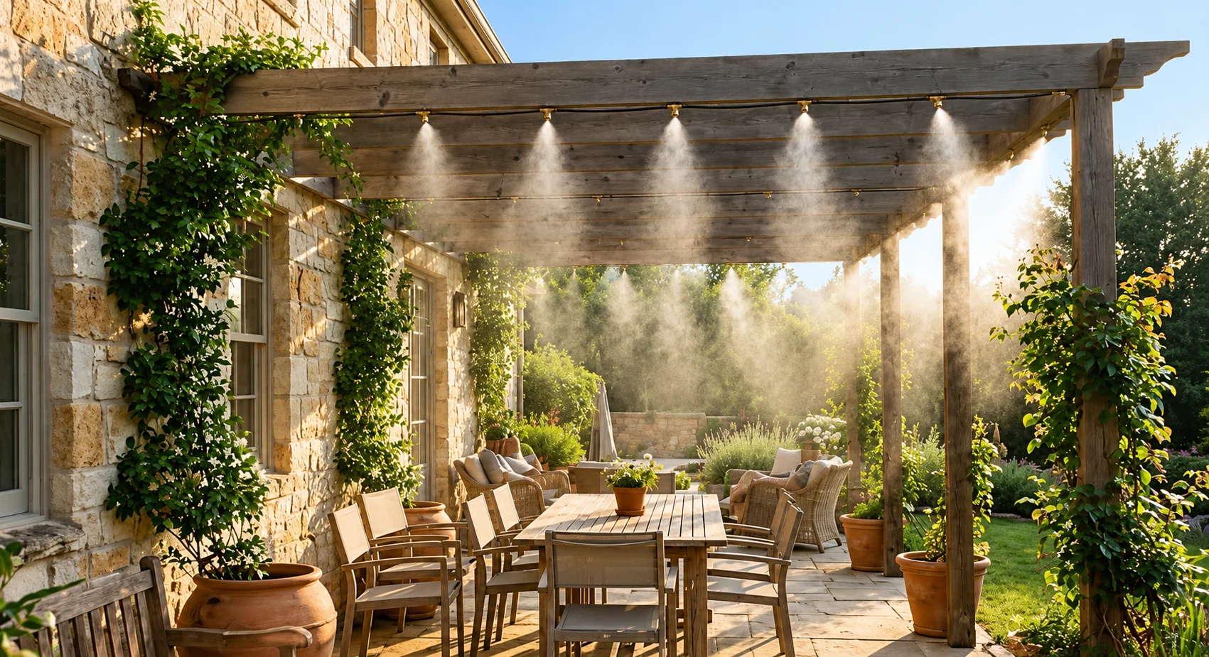 Terrasse méditerranéenne sous brume ensoleillée