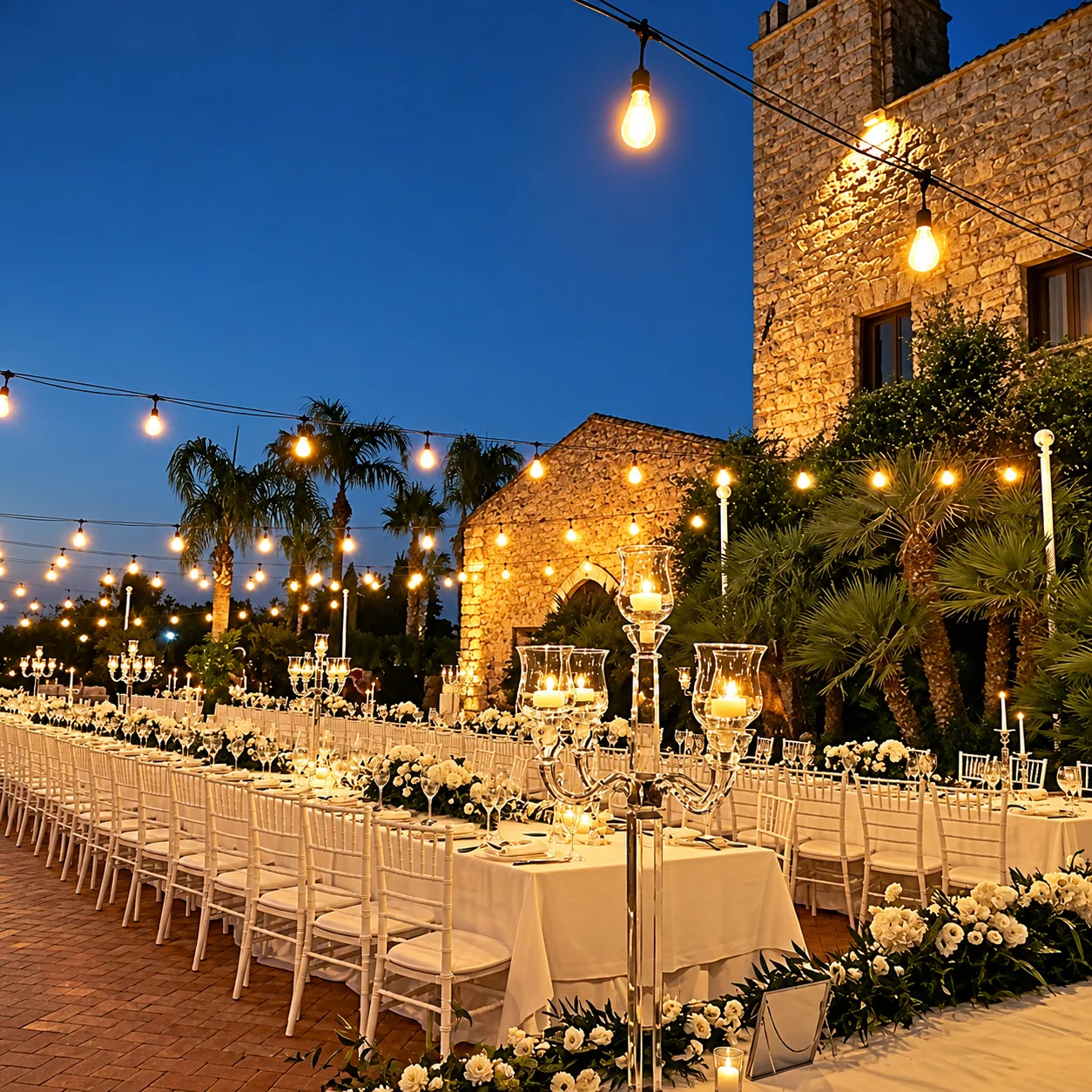 Banquet romantique sous les guirlandes lumineuses