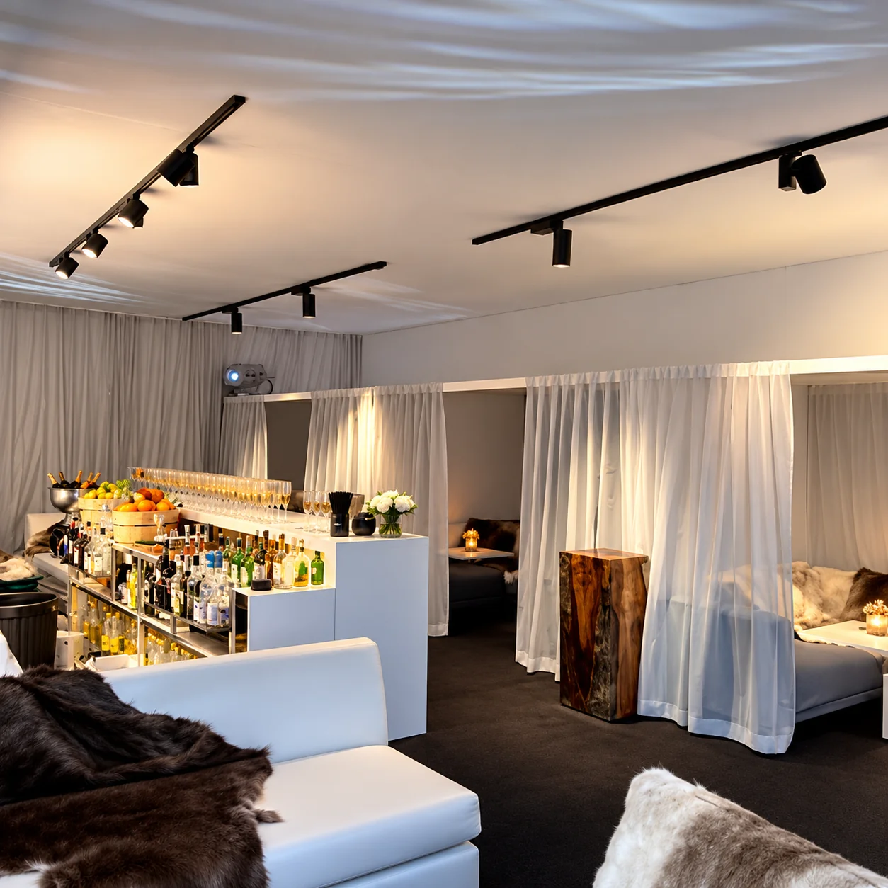 Salon vip monochrome avec bar élégant