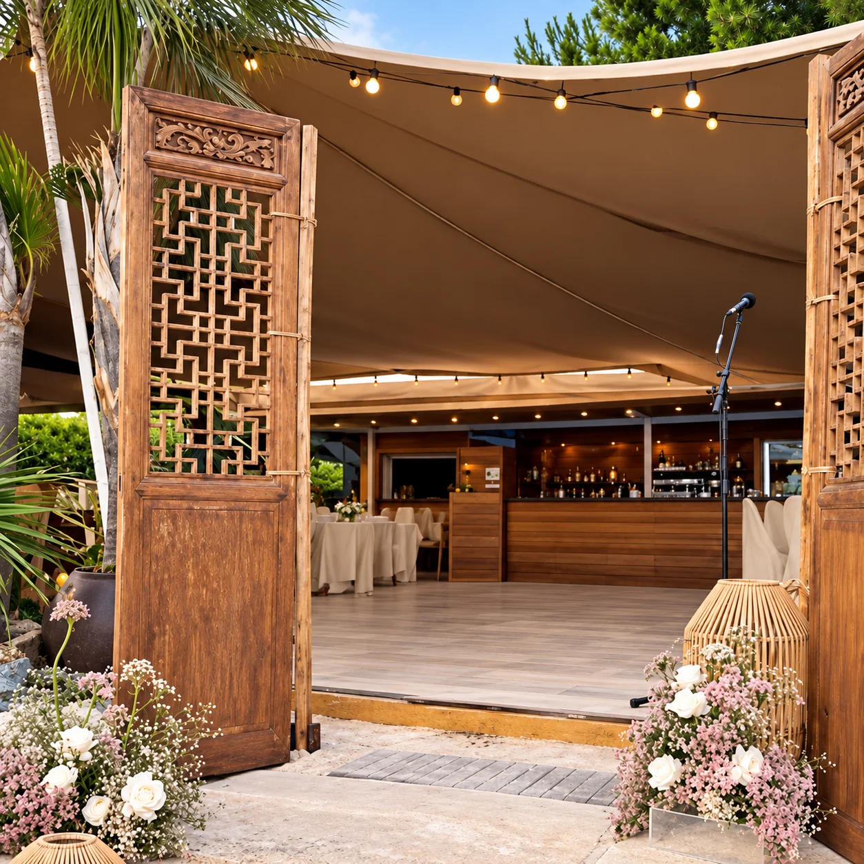 Entrée bohème tropicale sous tente
