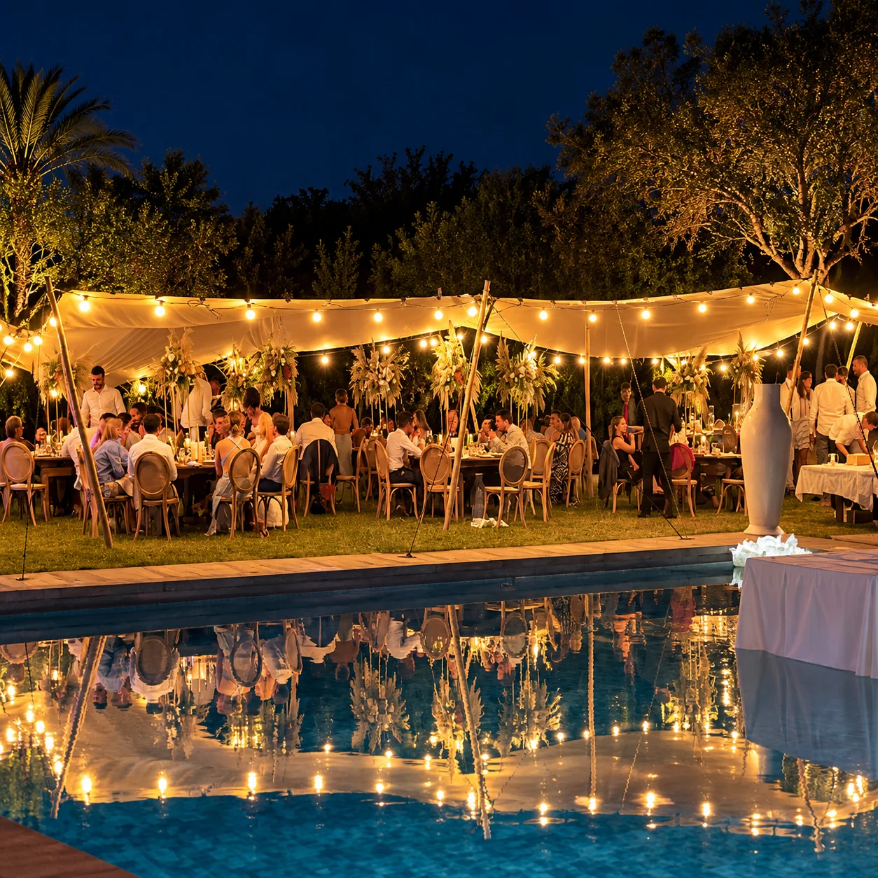 Banquet champêtre illuminé au bord de la piscine